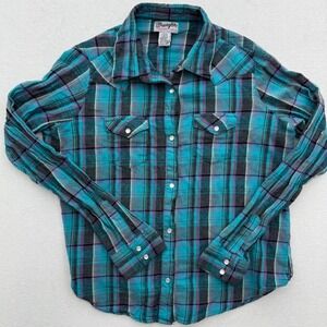 Wrangler Women's L Large Plaid Western Shirt Pearl Snap Long Sleeve Button Up